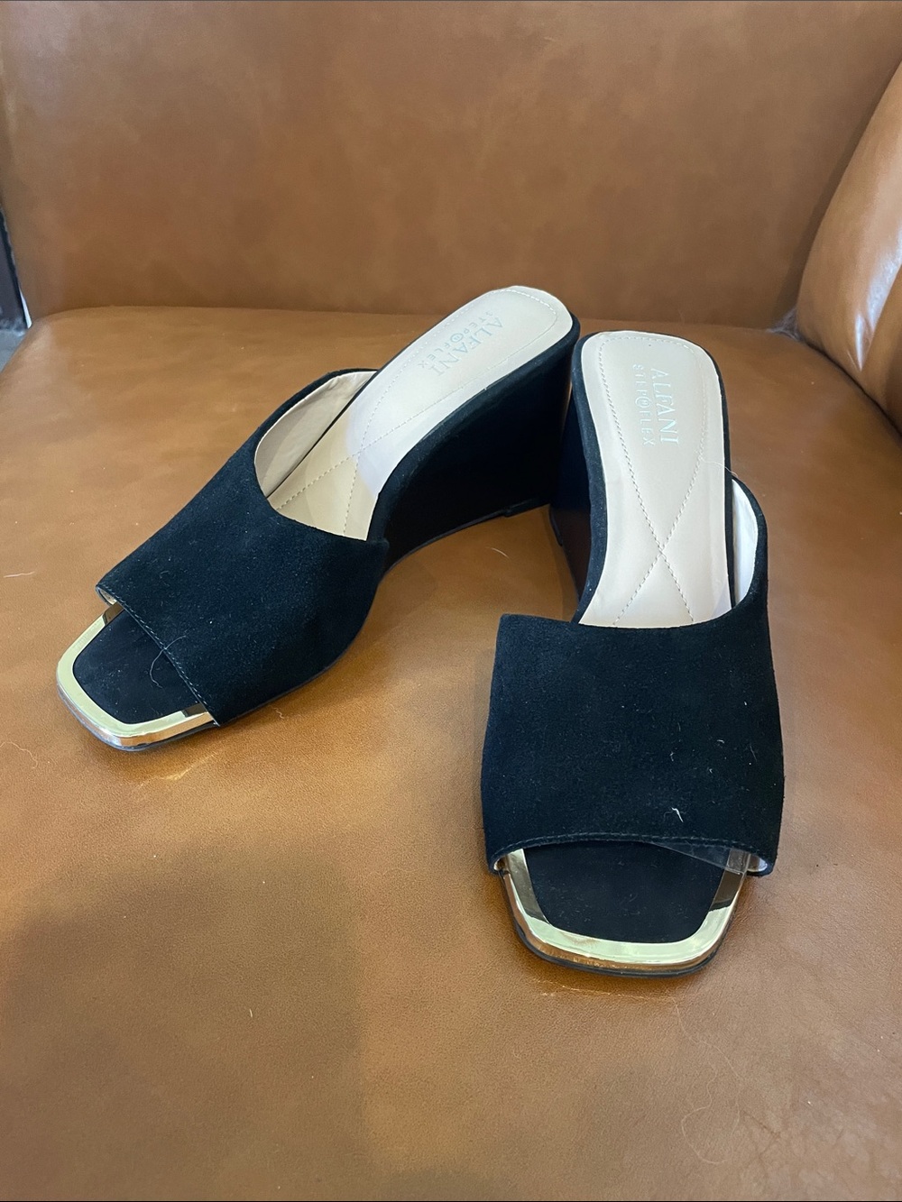 Alfani Black Suede Open-Toe Wedge Slides with Gold Accent